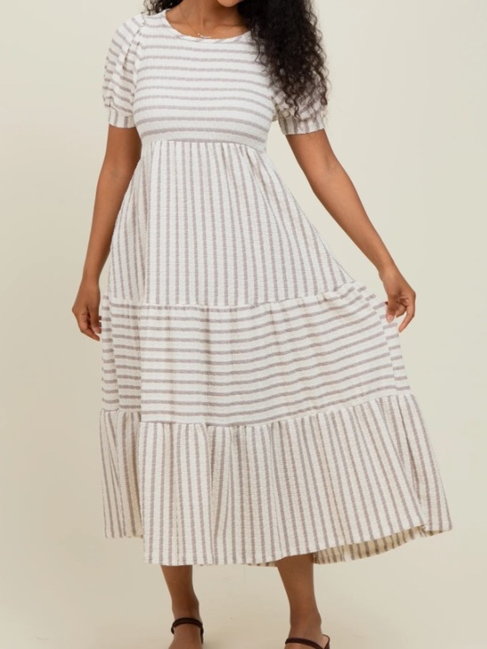 Pinkblush Dresses & Skirts - Cream and Taupe Striped Short Sleeve Tiered Maxi Dress